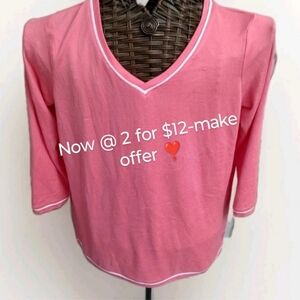 Kim Rogers Small Peach V Neck Top 3/4 Sleeves Polyester Spandex - Soft